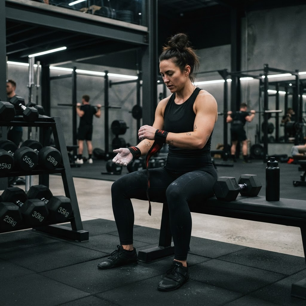 Atleta preparándose para entrenar en gimnasio