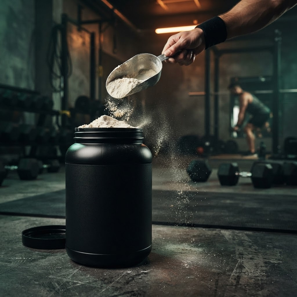 Envase de proteína y scoop metálico