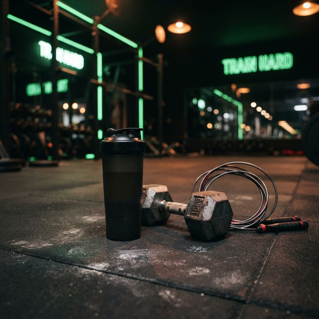Shaker y pesas en gimnasio